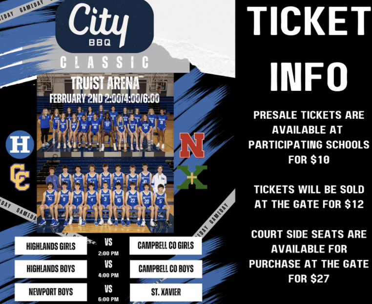 Get ready for the City BBQ Classic at Truist Arena on February 2nd with exciting games featuring Highlands, Campbell County, Newport, and St. Xavier. 